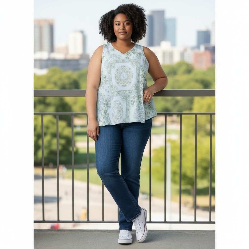 Lane Bryant Plus Size 22 Blue Green Paisley Patchwork V-Neck Sleeveless Blouse
